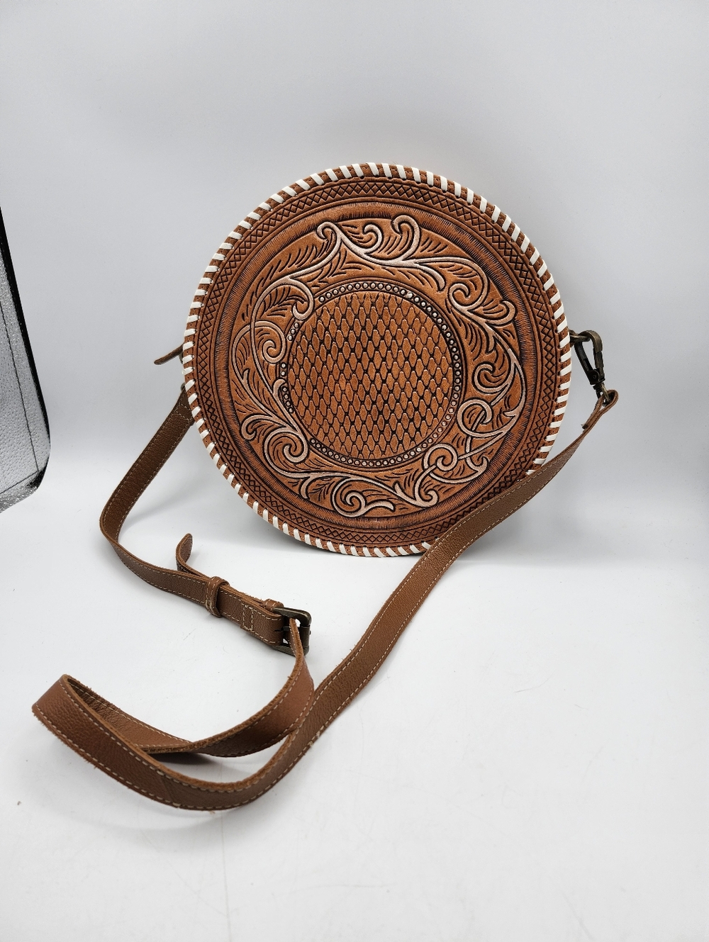 Myra NWOT Round Tooled Leather Crossbody Bag in Brown Boho